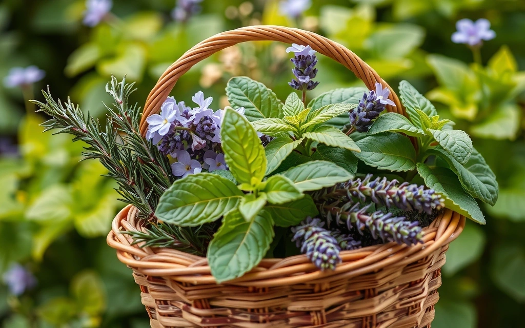 Freshly picked organic herbs in a basket, indicating natural and sustainable sourcing.