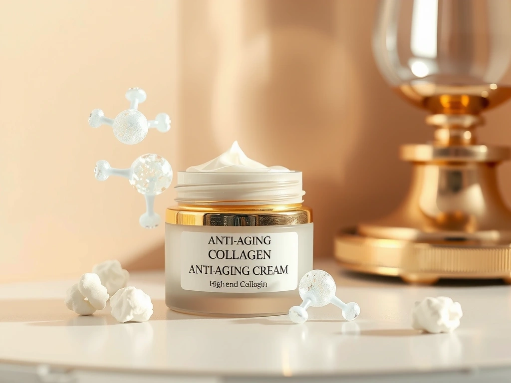 Luxurious anti-aging cream with collagen and hyaluronic acid molecules