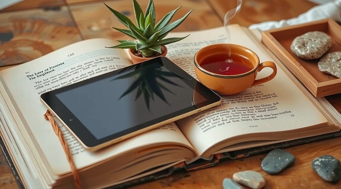 Open book and tablet surrounded by natural elements