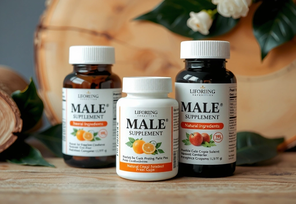 Elegant image of male supplement bottles with natural elements