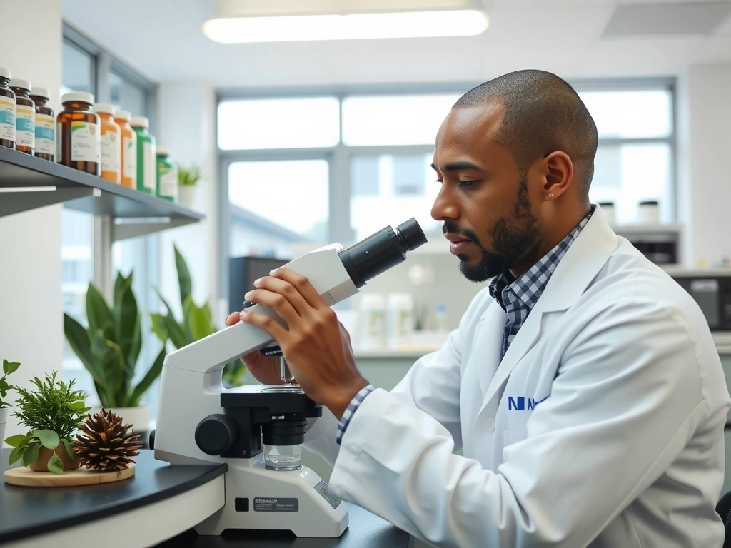 A scientist in a clean lab coat examining natural ingredients under a microscope, symbolizing rigorous testing and quality control for supplements.