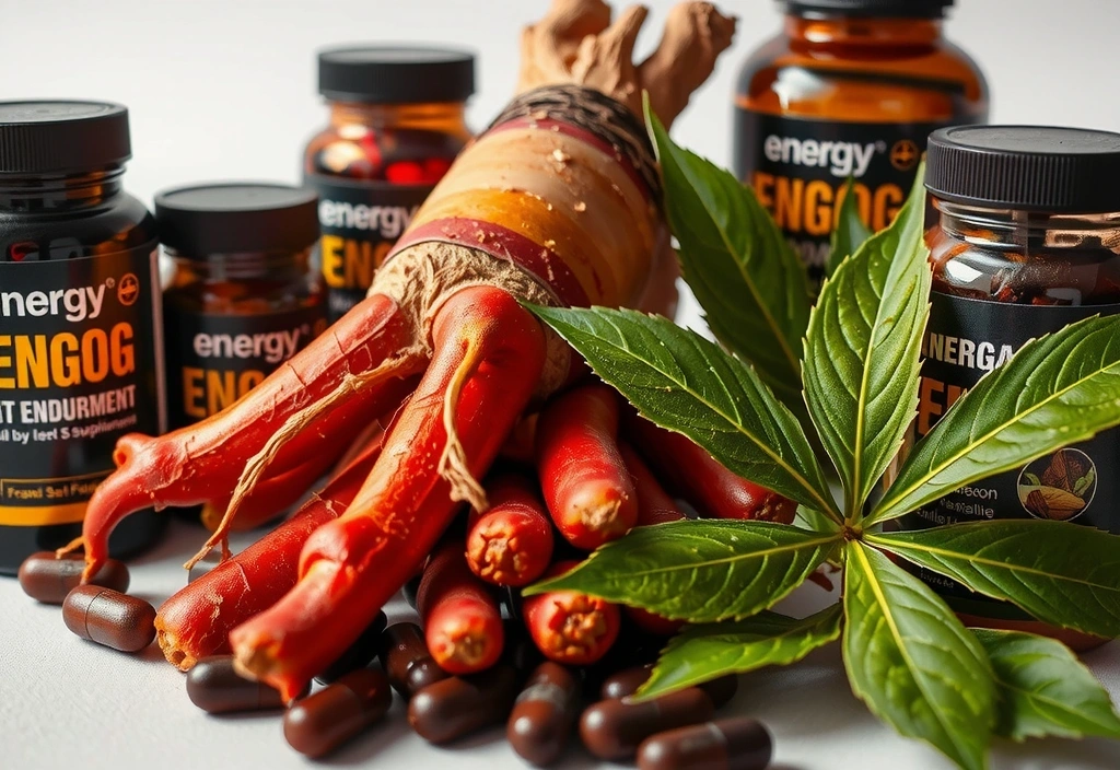 Natural ingredients for energy like ginseng and rhodiola with supplement bottles