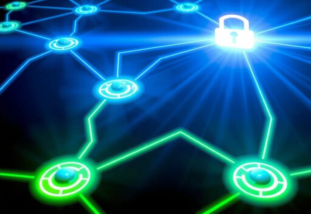 Interconnected network of glowing nodes, symbolizing secure data sharing with partners.