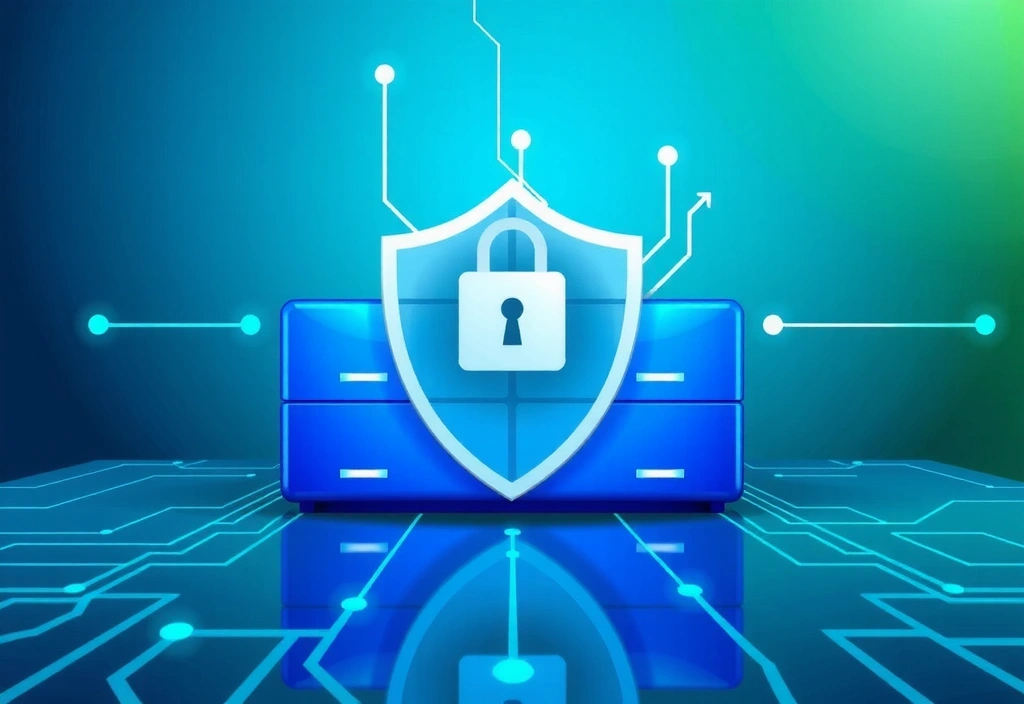 Secure data storage with padlock icon and digital shield